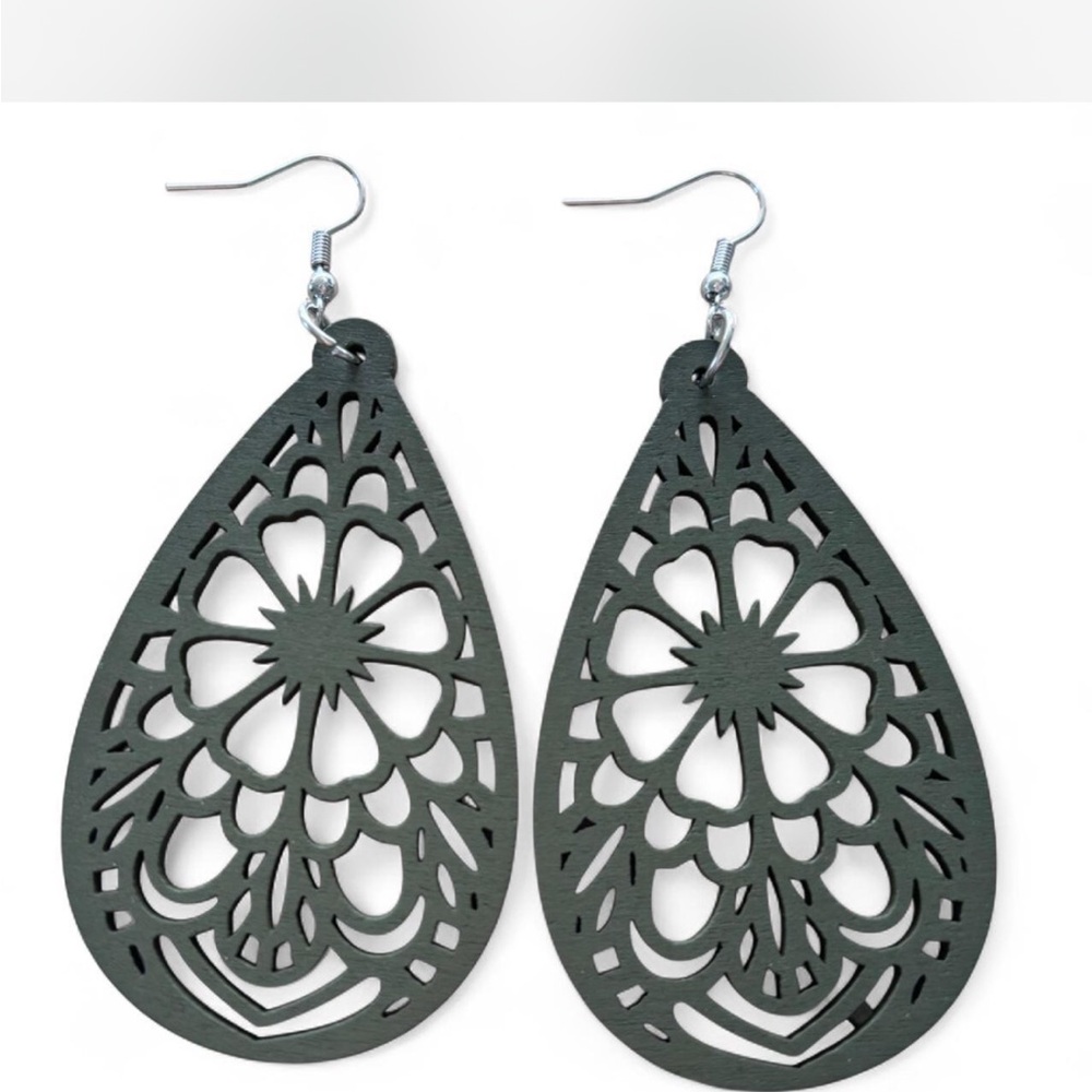 Boho Wooden Cutout Teardrop  Natural Statement Earrings Sage Green